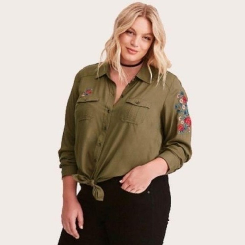 Torrid Plus Size 4X Army Green Floral Embroidered Utility Button Down Shirt Boho